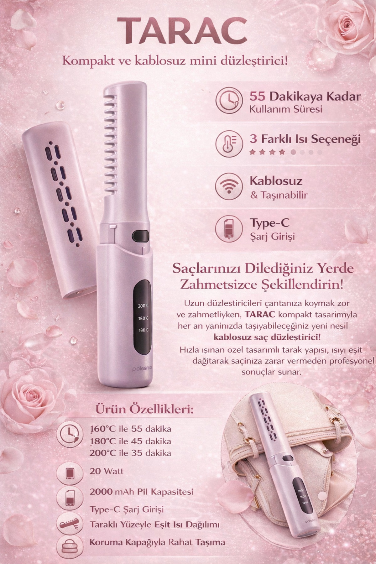 Polosmart MİNİ KABLOSUZ SAÇ DÜZLEŞTİRİCİ & TARAK (NEW AGE) 3 KADEMELİ- AT ÇANTANA - Fiyatı, Yorumları