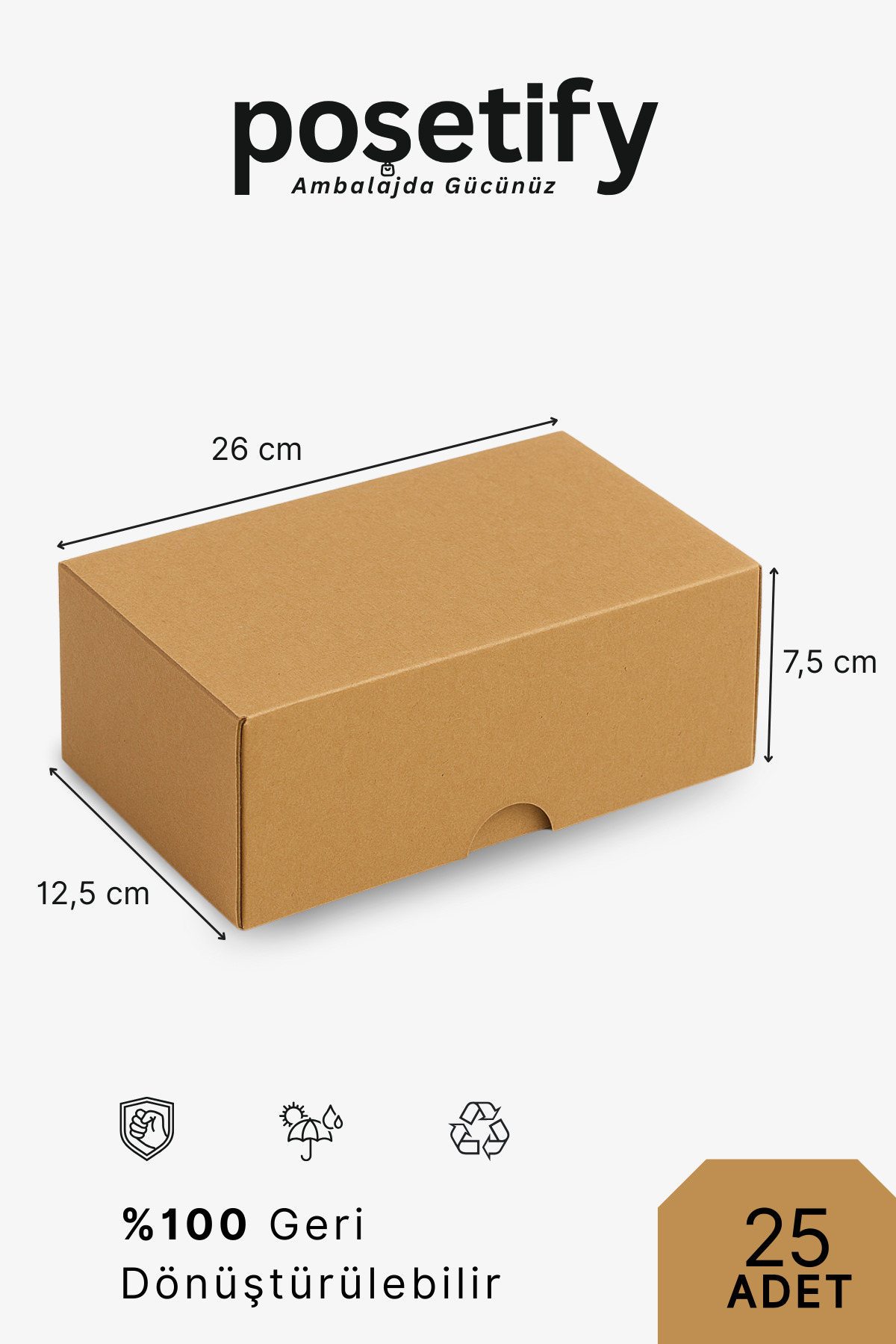 25 Pieces 26x12,5x7,5 Cm Unprinted Kraft Cut Box – Durable E-Commerce and Gift Packaging Box
