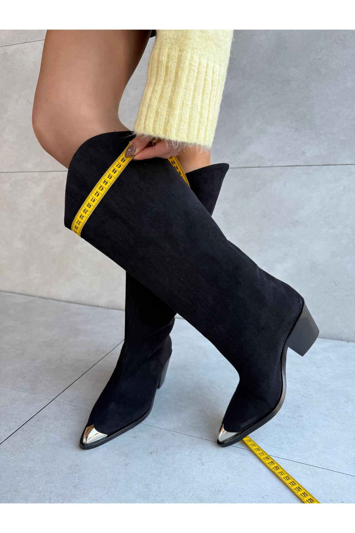 Dolve Black Suede XL Cut Metal Accessory Detailed Dallas Women's Boots