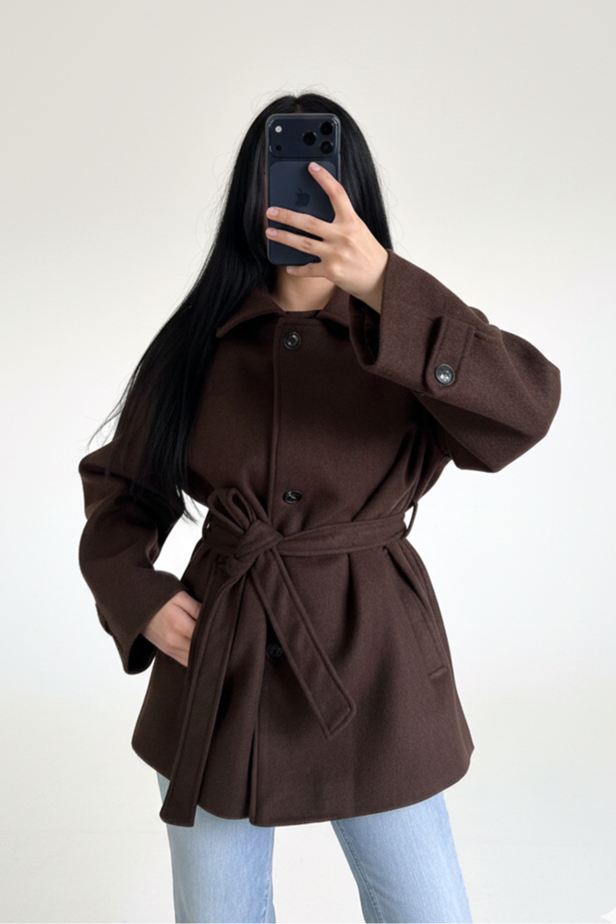 Narin Studios Acı Kahve Kaşe Kısa Boy Düğmeli Kuşaklı Kaban