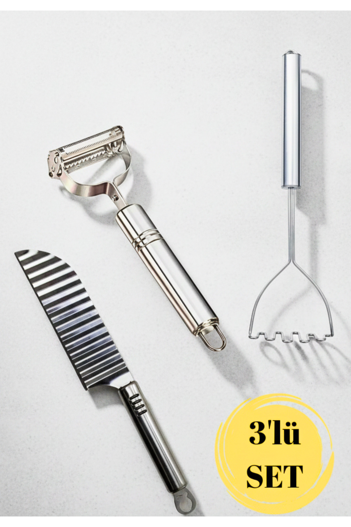 3-Piece Stainless Steel Kitchen Set – Wavy Potato Knife, Professional Peeler and Potato Crusher