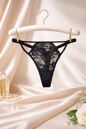 F.K Siyah Tanga Dantel Detaylı