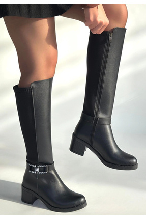 NATURALSHOESS Emrat Siyah Cilt Topuklu Çizme