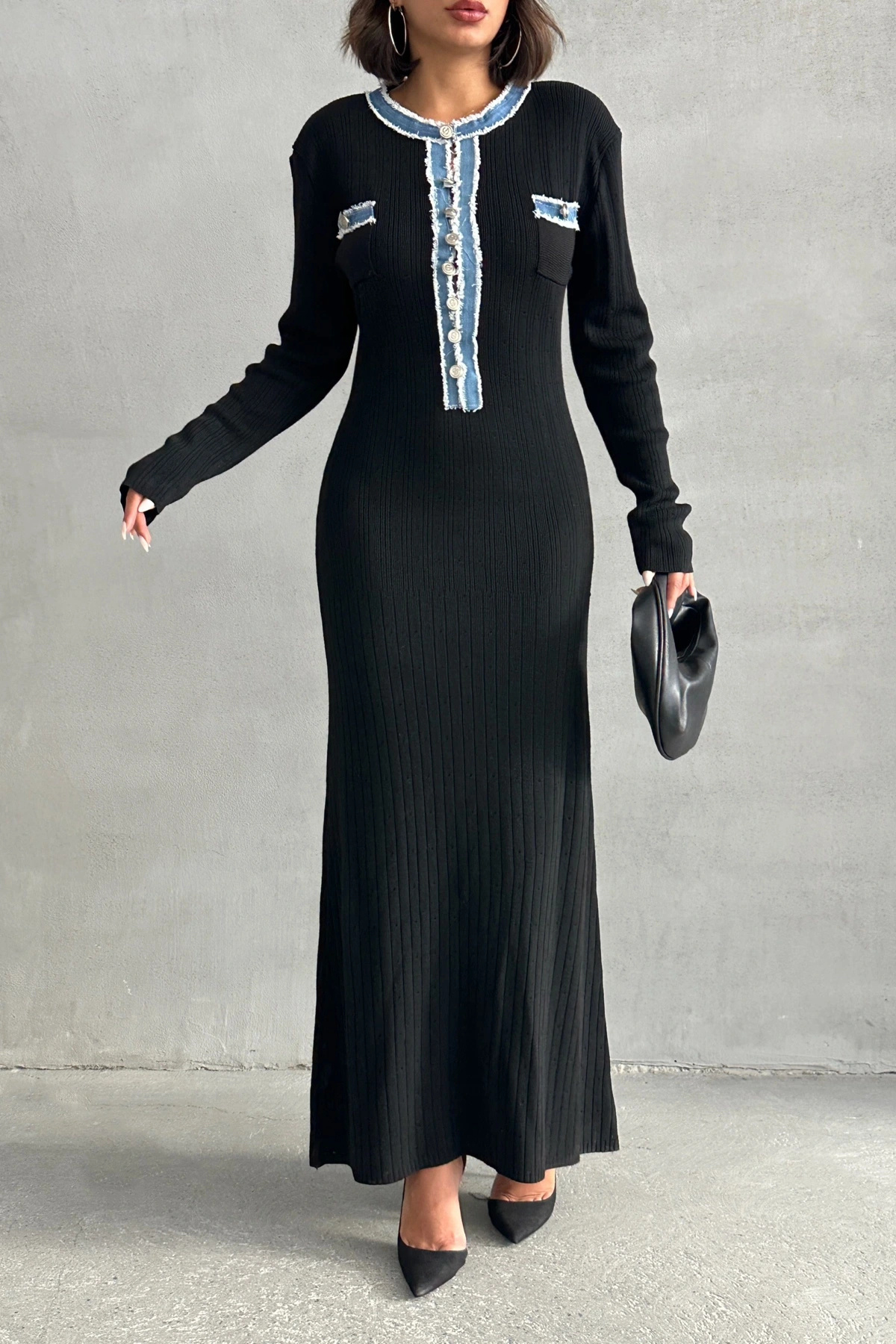 Lusin Kadın Siyah Düğmeli Jean Detaylı Uzun Triko Elbise
