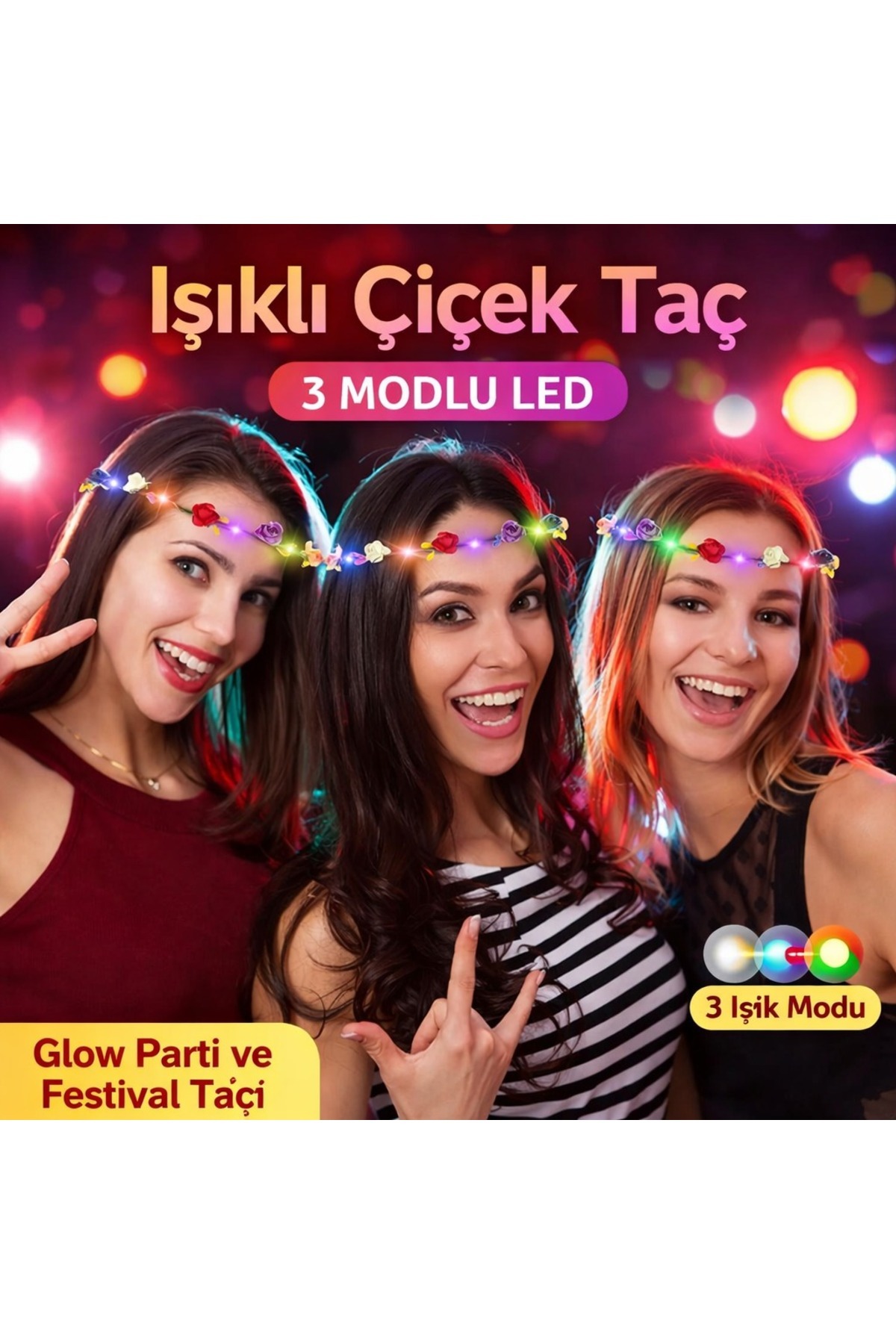 PAZAR DÜNYASI Renkli LED Çiçek Taç – 3 Işık Modlu Parti Tacı