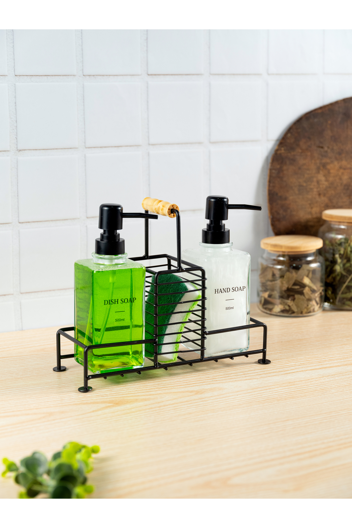 500 ml Double Square Glass Liquid Soap Dispenser Detergent Holder with Soft Texture Metal Stand