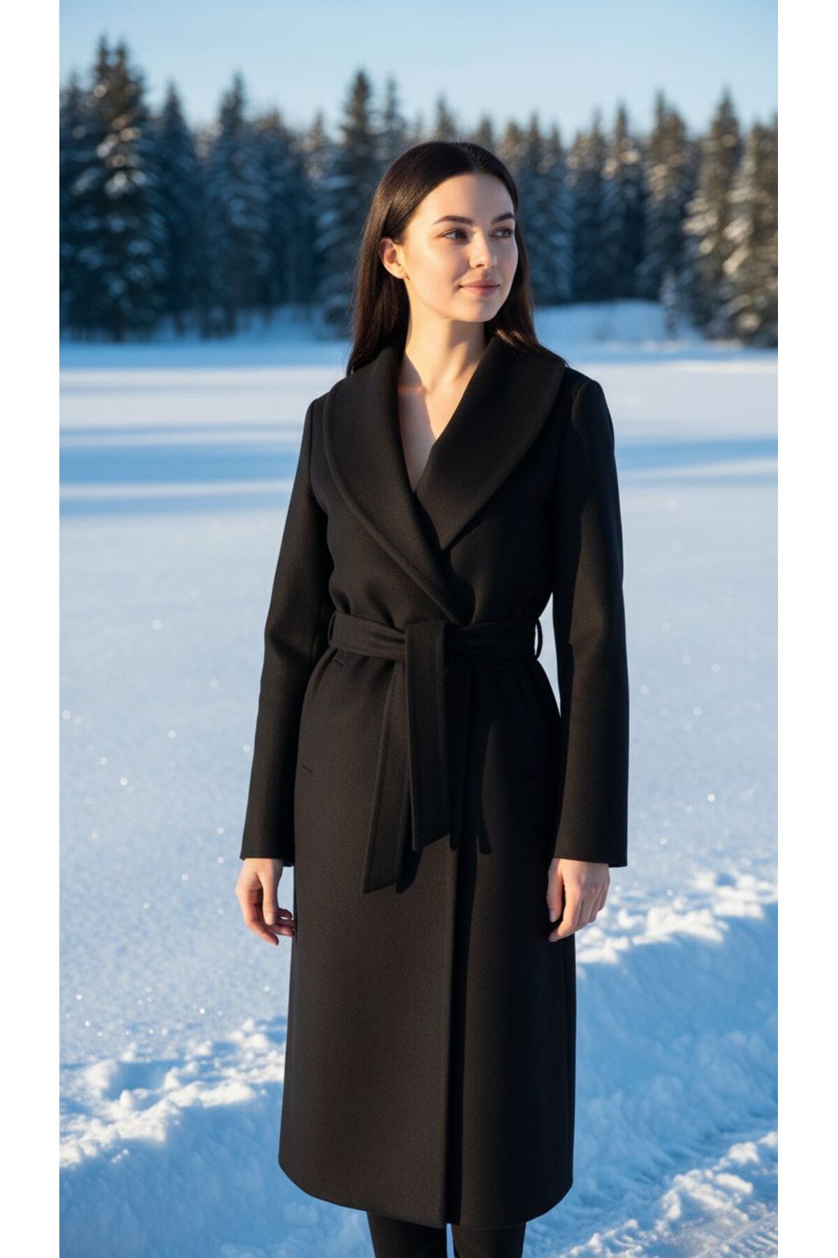 Moda Banuş  Kadın Kuşaklı Cepli Yırtmaçlı Astarlı Kaşe Siyah Kaban