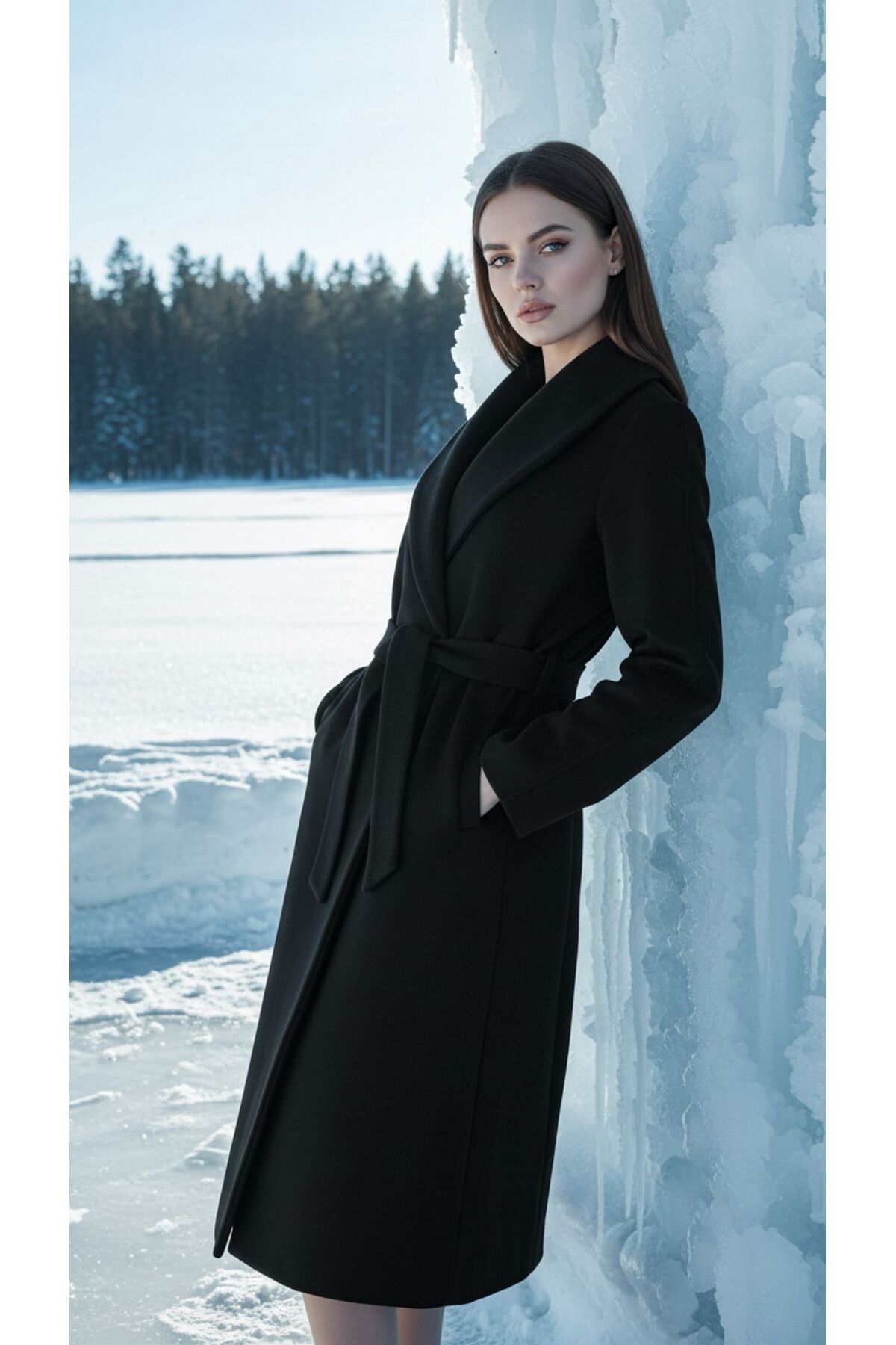 Moda Banuş  Kadın Kuşaklı Cepli Yırtmaçlı Astarlı Kaşe Siyah Kaban - Görsel 2