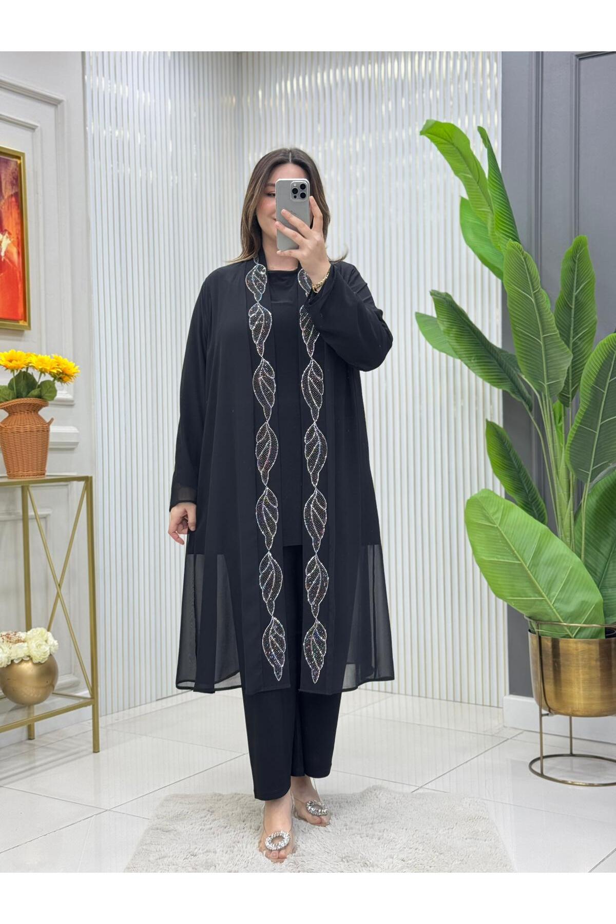 Modam Bella BÜYÜK BEDEN TAŞ BASKILI ÜÇLÜ TAKIM