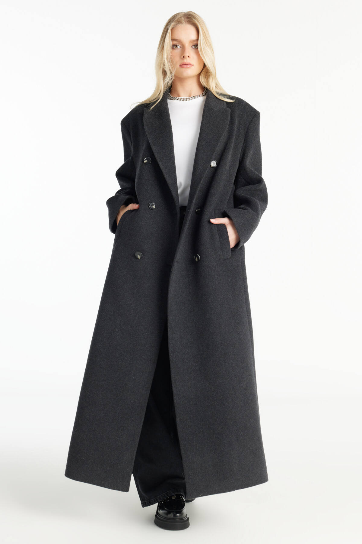 Ted Baker  ANTRASİT YÜNLÜ OVERSİZE KRUVAZE UZUN YÜNLÜ PALTO - Görsel 3