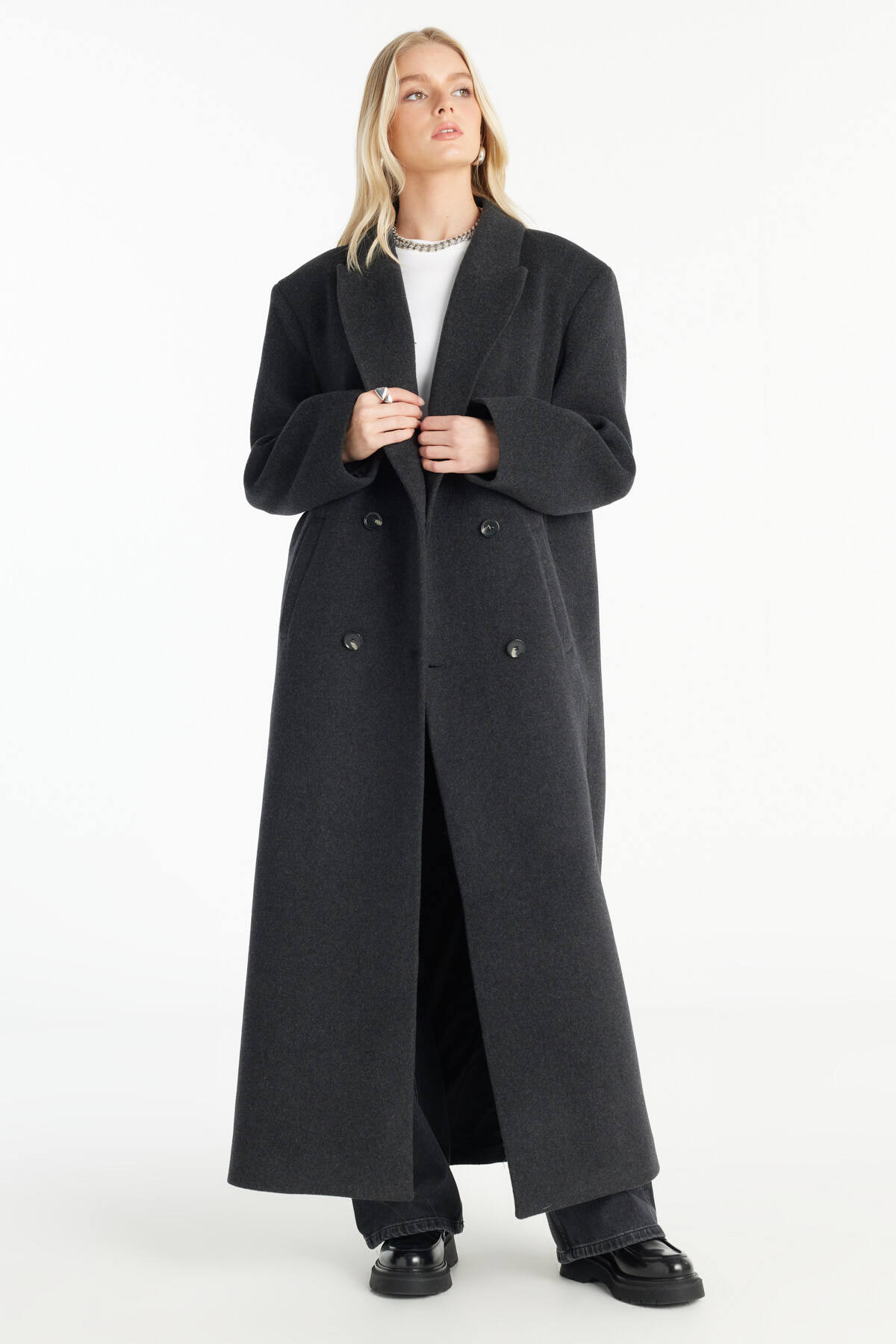 Ted Baker  ANTRASİT YÜNLÜ OVERSİZE KRUVAZE UZUN YÜNLÜ PALTO