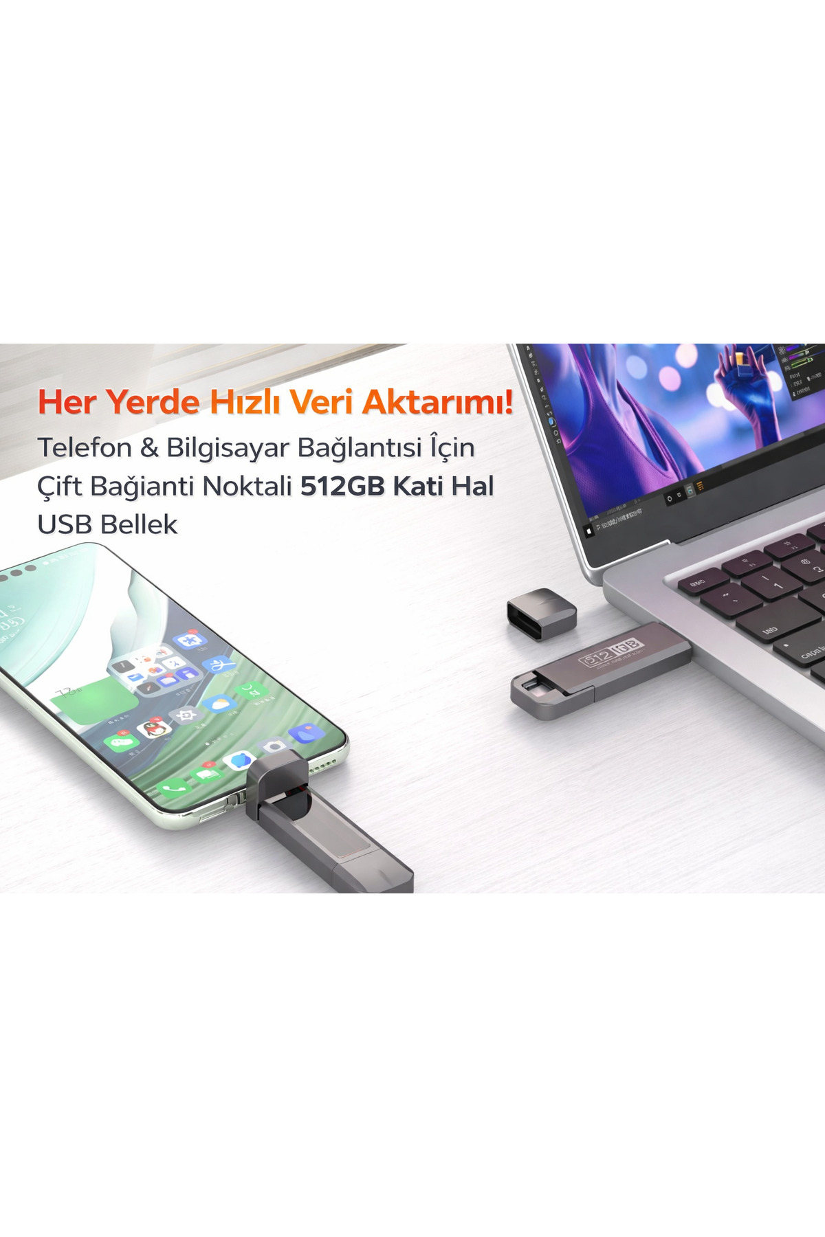 qasul 512 GB SSD Flash Bellek USB 3.2 + Type-C Çift Bağlantı
