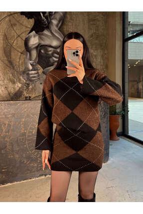 missswans Veronik Baklava Desenli Triko Kazak Etek Takımı Kahve