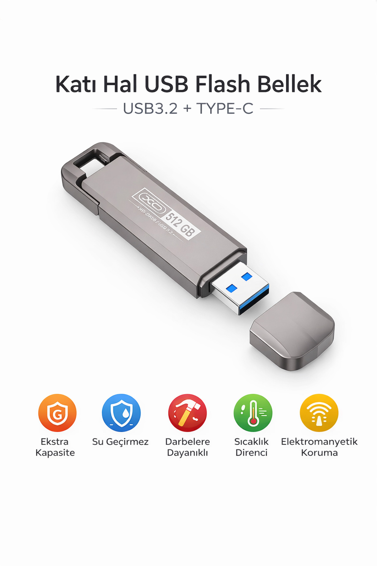 qasul 512 GB SSD Flash Bellek USB 3.2 + Type-C Çift Bağlantı
