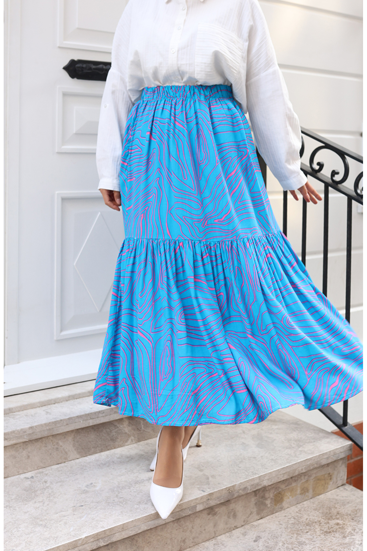 sefamerve  Beli Lastikli Rahat Kesim Desenli Etek 0227D-01 Turkuaz - Görsel 2