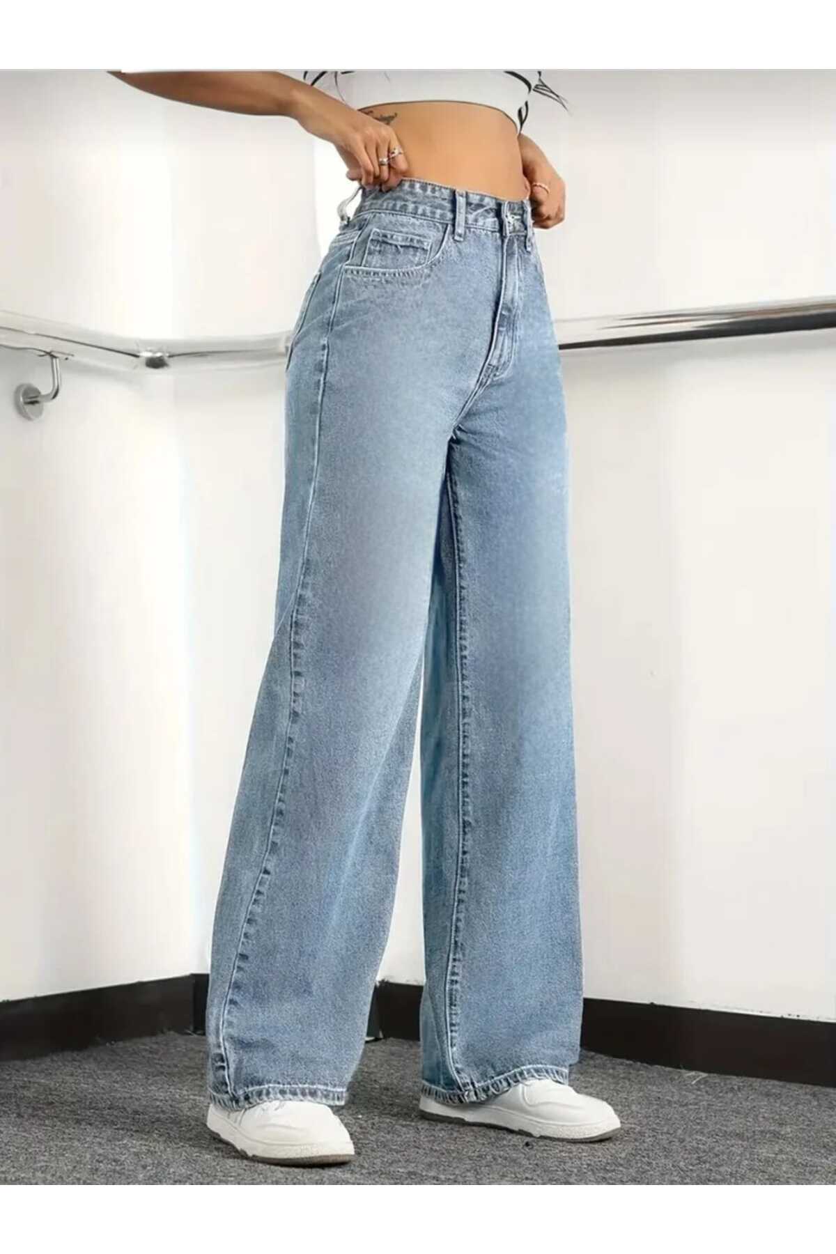 NWC Pantaloni de blugi din denim pentru femei, albastru gheață, spălat cu zăp...