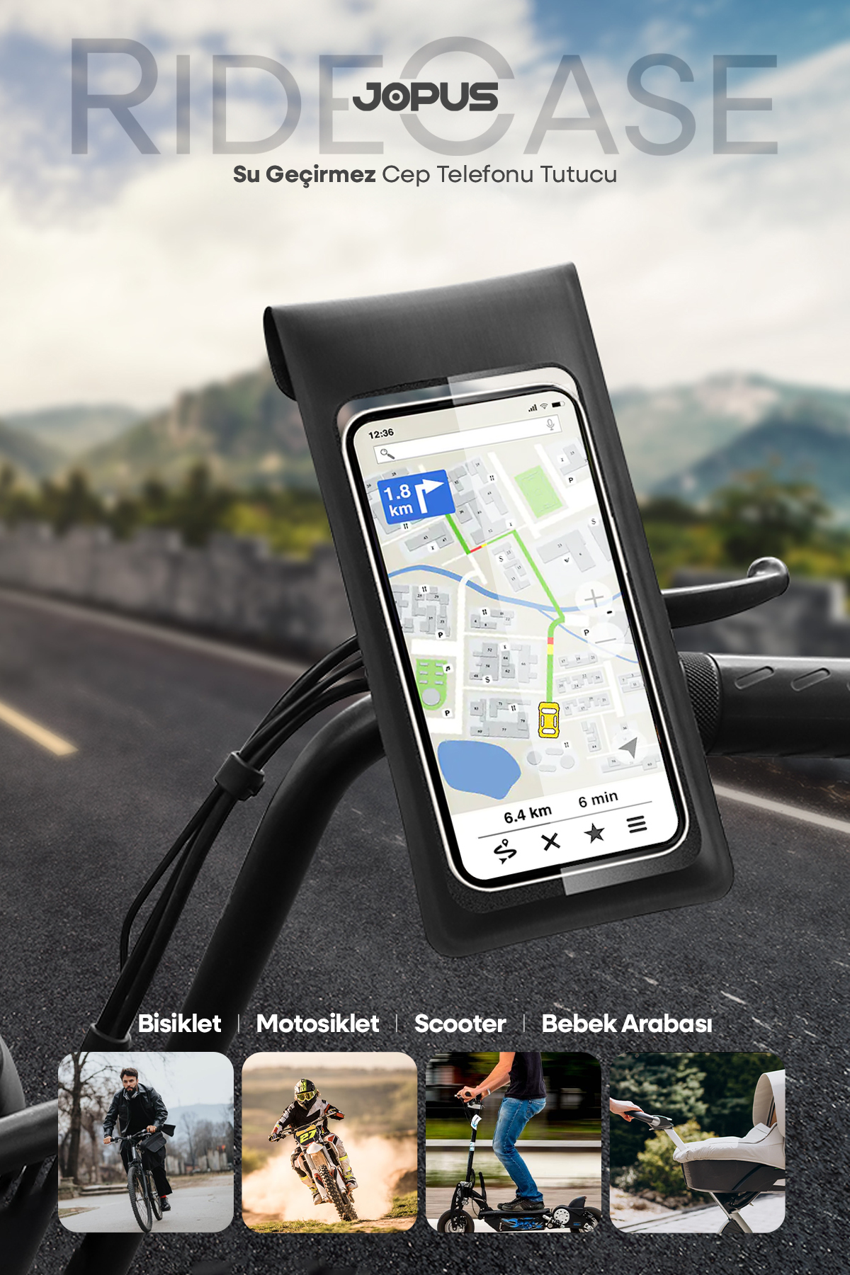 Jopus Su Geçirmez Kılıf Telefon Tutucu Motosiklet, Bisiklet, Scooter, ATV Uyumlu Gidon Bağlantılı JO-AT112