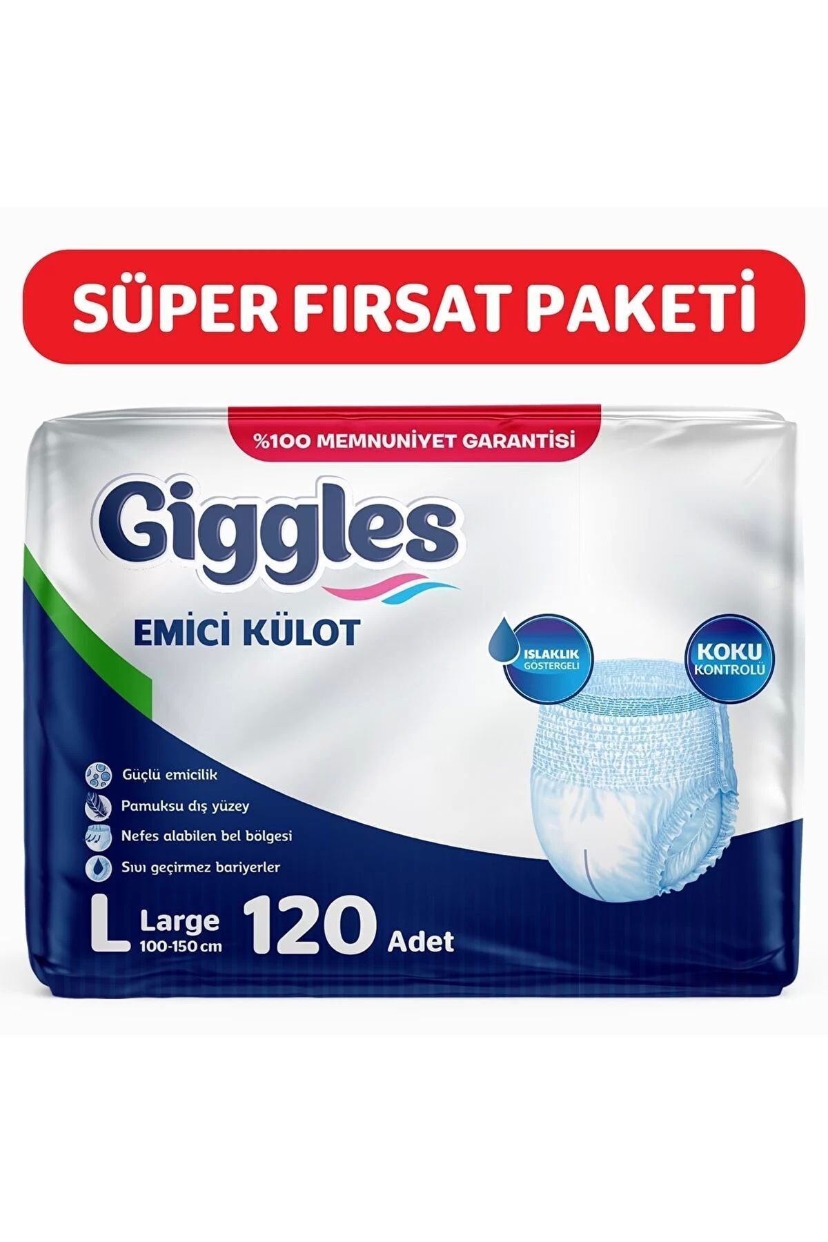 Yetişkin Emici Külot Bez Büyük Boy (L) Bel Ölçüsü 100-150cm Islaklık Göstergeli - 4 paket 12