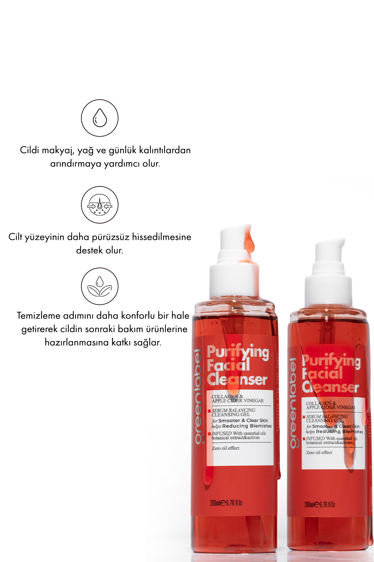 Purifying Facial Cleanser-Elma Sirkesi Kolajen Özlü Canlandırıcı Arındırıcı Yüz Temizleme Jeli 200ml — GLK-010 — تصویر 3 از 6