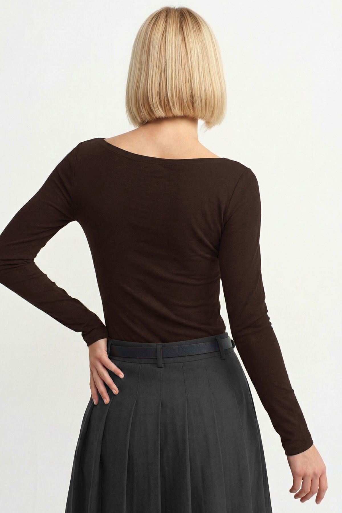 VODENS  Kahverengi Kayık Yaka Uzun Kol Top %100 Pamuk - Görsel 3