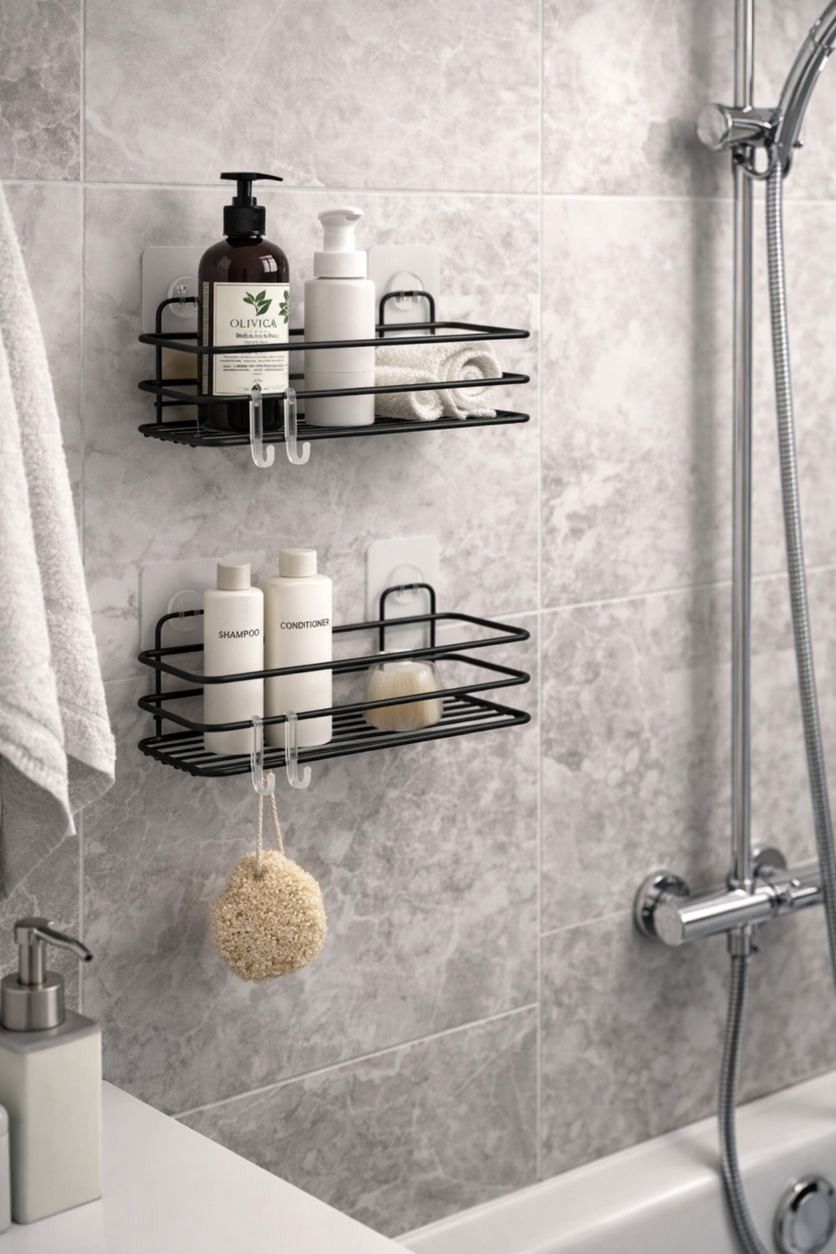 Adhesive Bathroom Organizer 2 Pieces Bathroom Shelf Shampoo Dispenser Soap Dispenser Matte Black Shower Rack Shelf