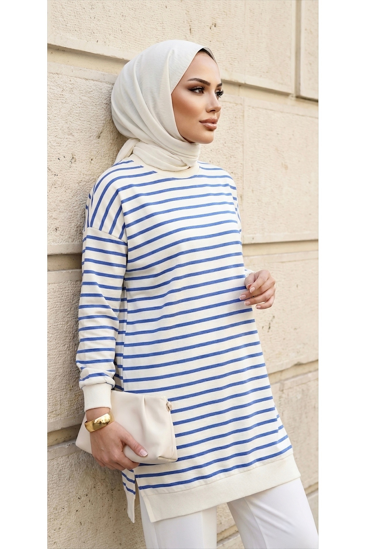 Neva İki İplikli Tesettür Tunik Çizgili Sweatshirt