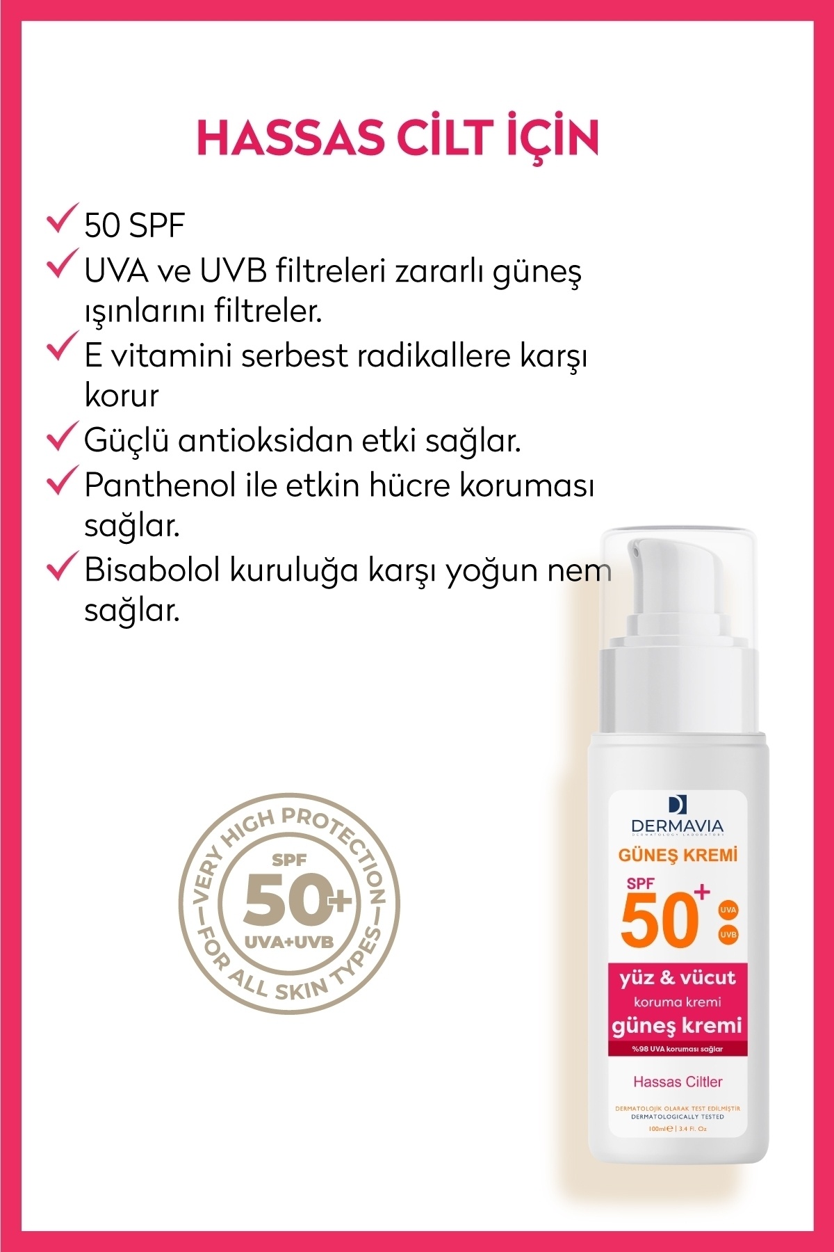 SPF 50+ Hassas Ciltler İçin Yüz ve Vücut Güneş Kremi 100 ml, Yüksek Koruma — Dermavia11 — تصویر 8 از 8