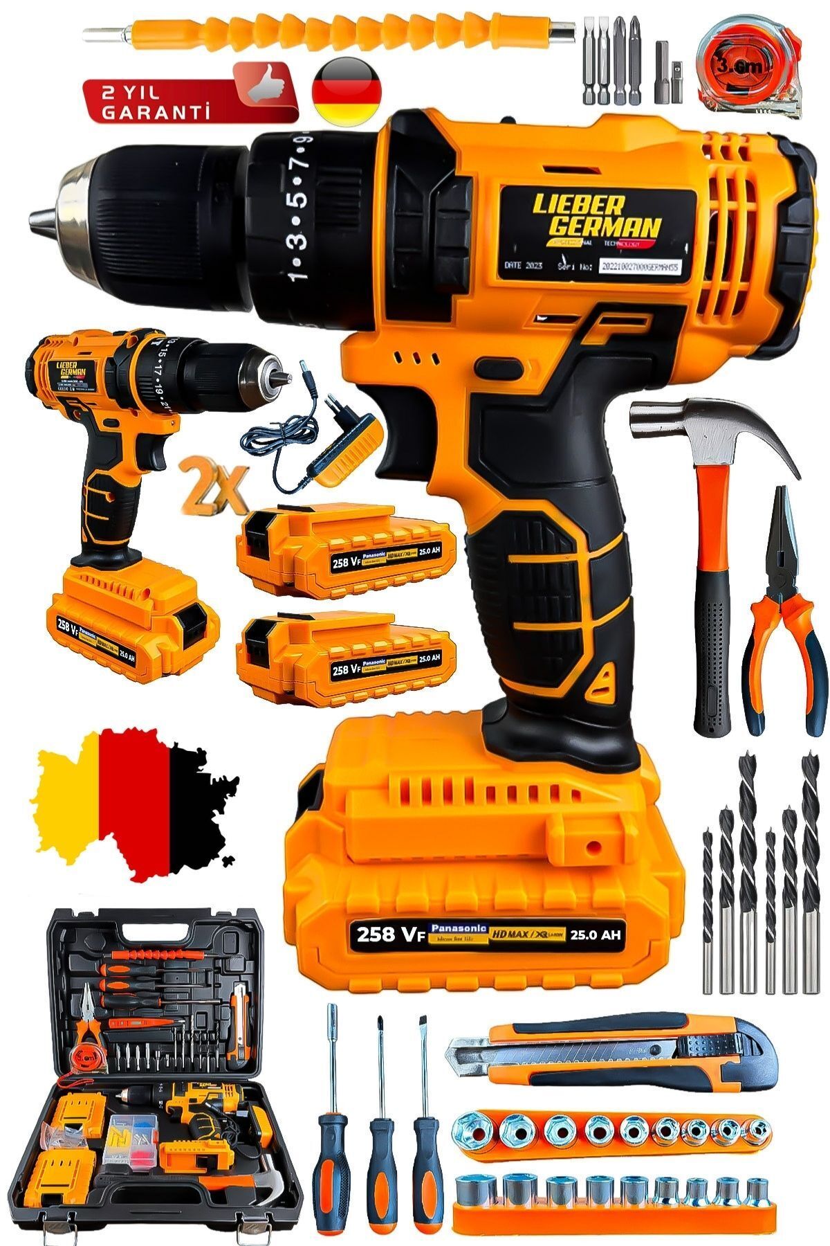 Lieber German Teknoloji LG999 Darbeli 100 Pcs Set Li-on 2x Akülü Çelik Şanzuman Hızlı Sarjlı Akülü Vidalama Matkap