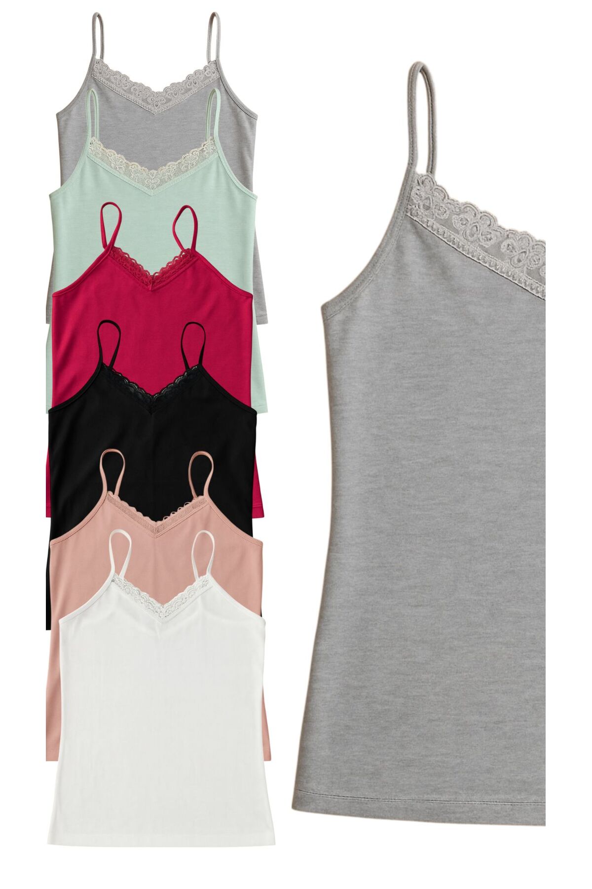 ExLove  6'lı Dantelli Penye İp Askılı Atlet - Görsel 4