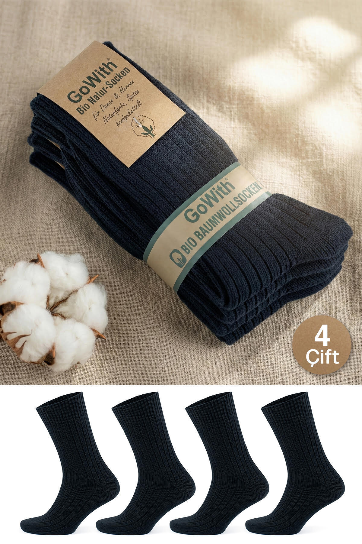 4-Pack Women Men's Black Bio Natural 100% Natural Cotton Washable Rib Knit Seamless Socket Socks 3012