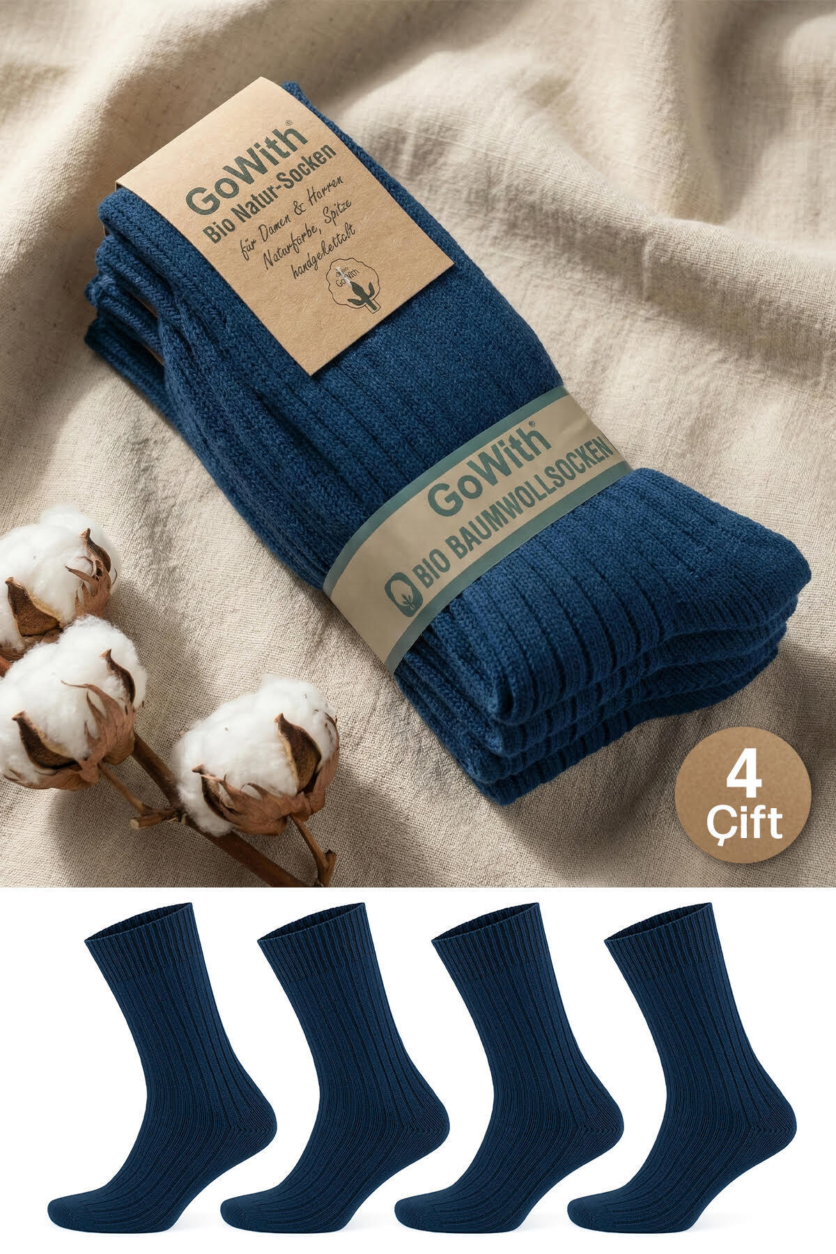 4-Pack Women Men Navy Blue Bio Natural 100% Natural Cotton Rib Knitting Seamless Socket Socks 3012