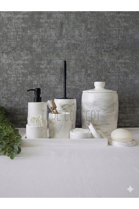 Ture Concept Mermer görünümlü betin banyo set siyah pompa ve siyah fırca apar...