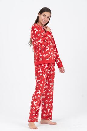 DOFİ Kadın Kırmızı Geyik Desenli Süper Soft Kışlık Yılbaşı Pijama Takımı Yeni...