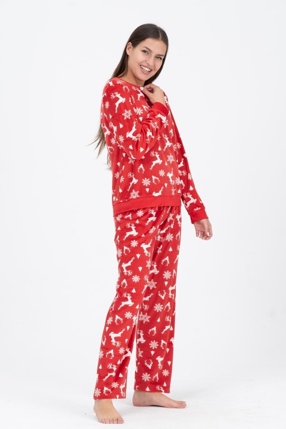 DOFİ Kadın Kırmızı Geyik Desenli Süper Soft Kışlık Yılbaşı Pijama Takımı Yeni Yıl Noel