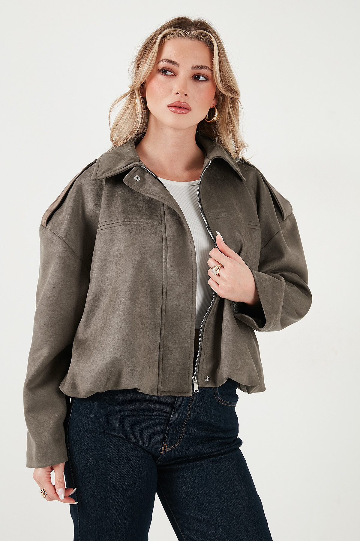 Lela  Oversize Fit Klasik Yaka Süet Dokulu Bomber Ceket Mont MONT 6524932 - Görsel 5