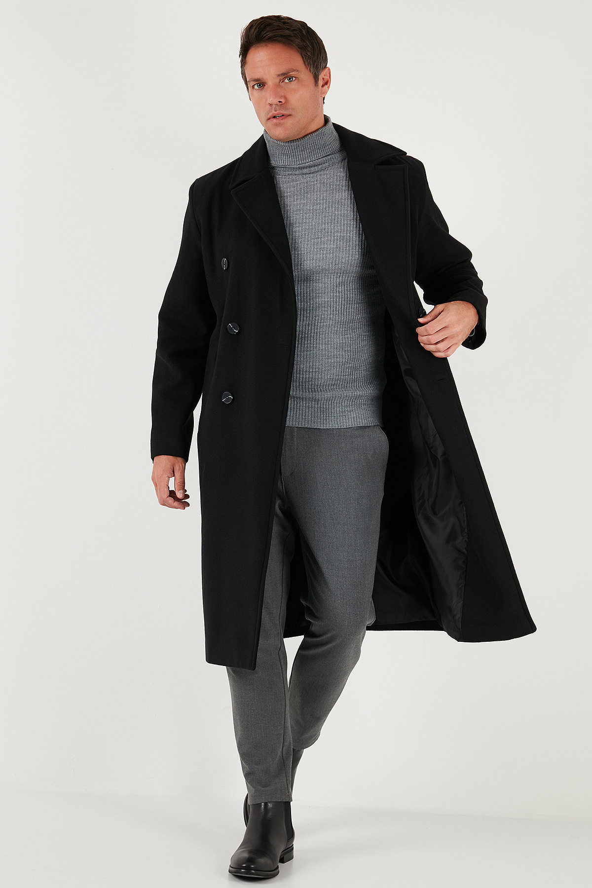 Buratti  Loose Fit Kruvaze Yaka Uzun Astarlı Kaşe Kaban Erkek KABAN 681003 - Görsel 5