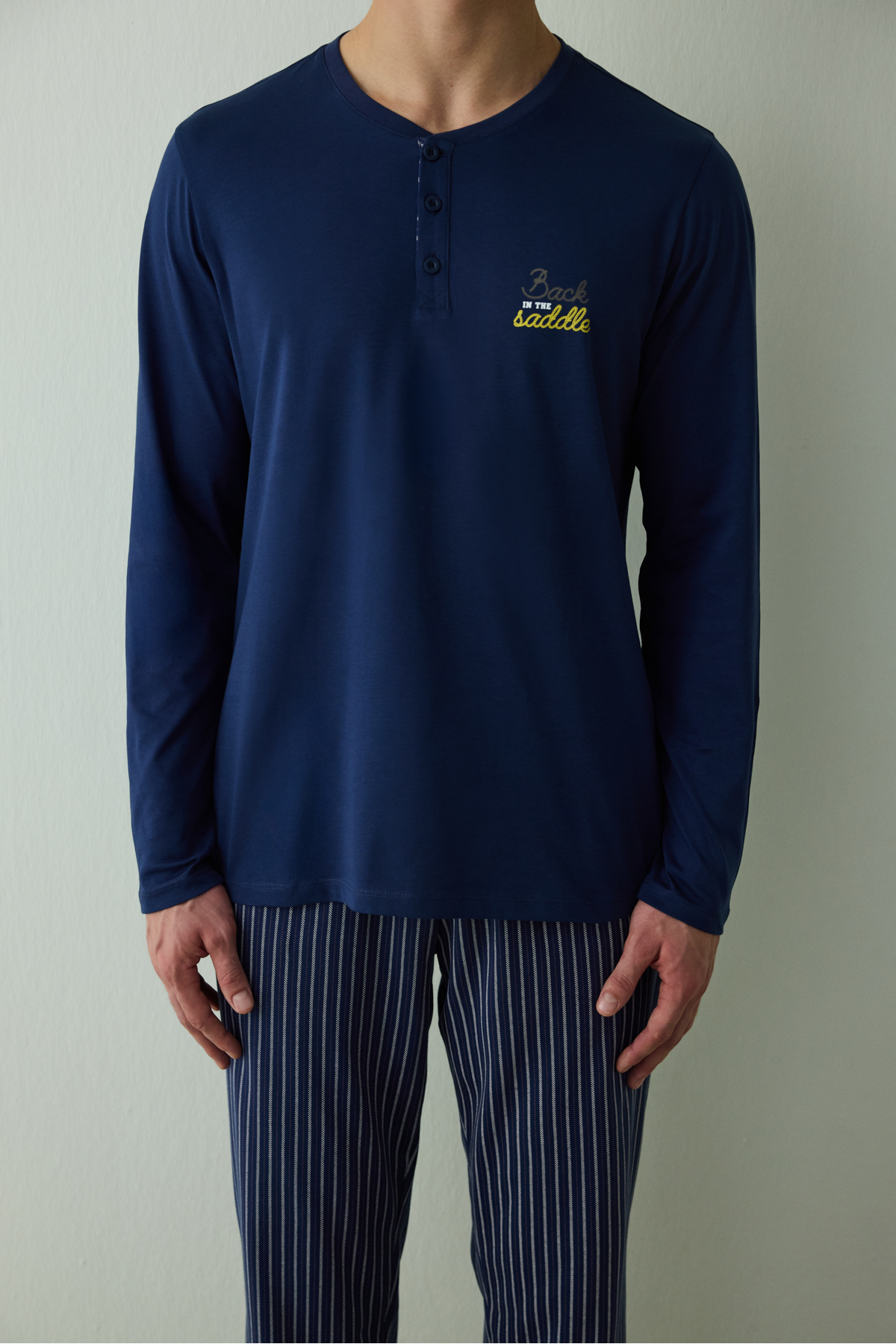 Penti Erkek Saddle Slogan Baskılı Düğmeli Bisiklet Yaka Pamuklu Pijama Takımı görsel 5