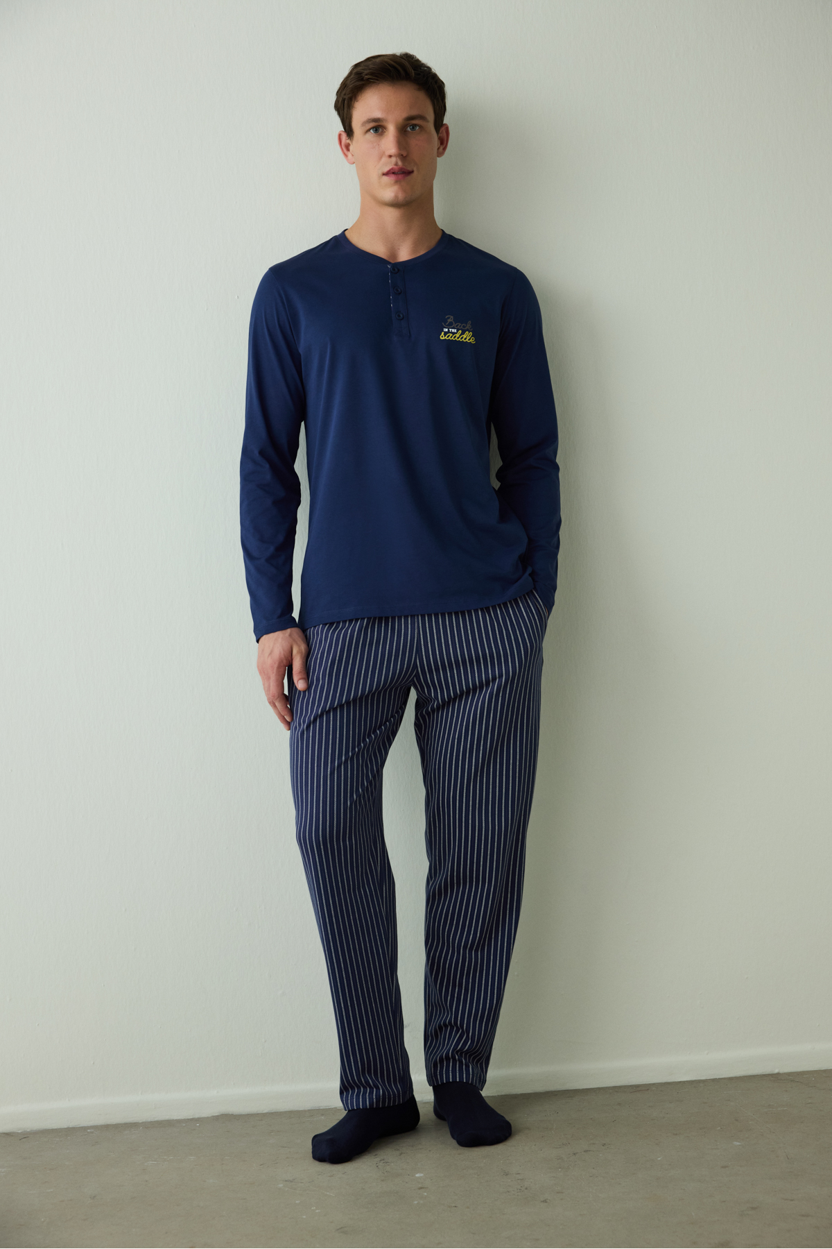 Penti Erkek Saddle Slogan Baskılı Düğmeli Bisiklet Yaka Pamuklu Pijama Takımı görsel 2