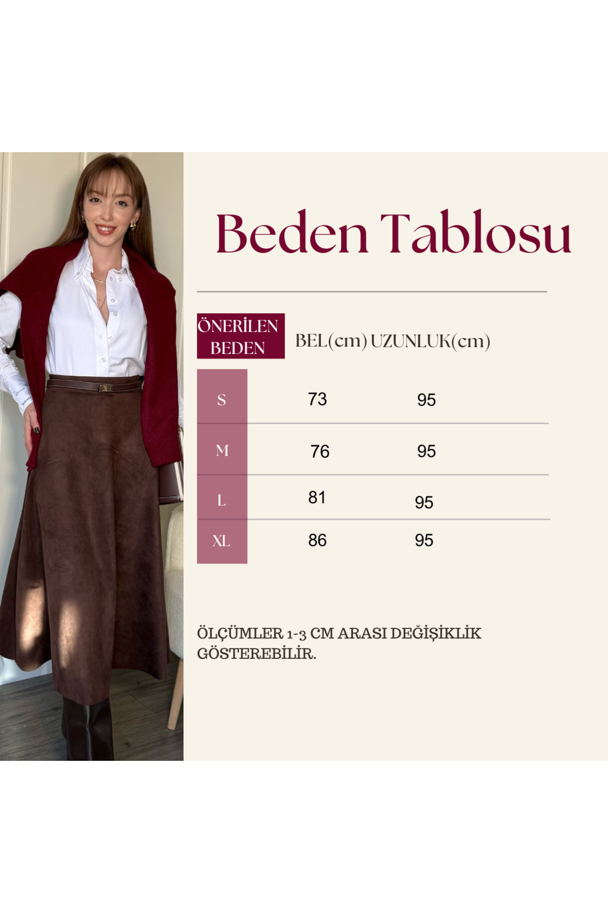 Dilay Gökoğlu Butik Süet Şık Midi Kahverengi Etek görsel 2