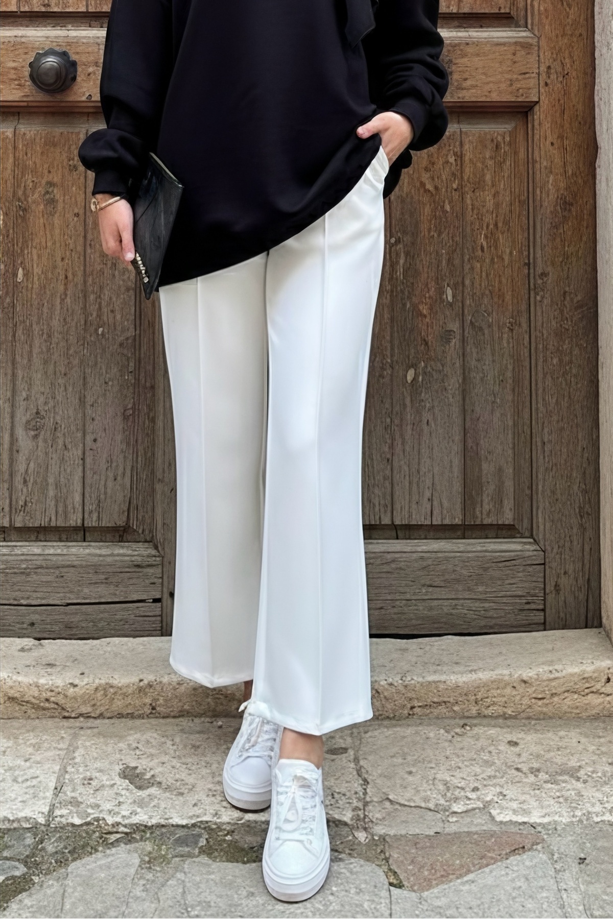 İmajButik Beyaz Önden Dikişli Scuba Pantolon