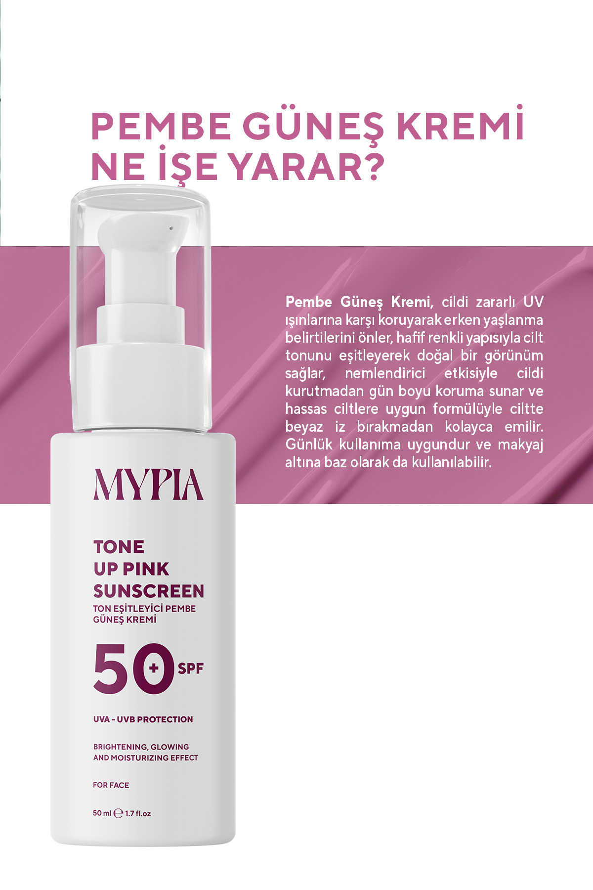 Leke Karşıtı Ton Eşitleyici SPF 50+ Glutatyon & Hyaluronik Asit Etkili Pembe Renkli Güneş Kremi 50ml — SPF50+1 — تصویر 4 از 8