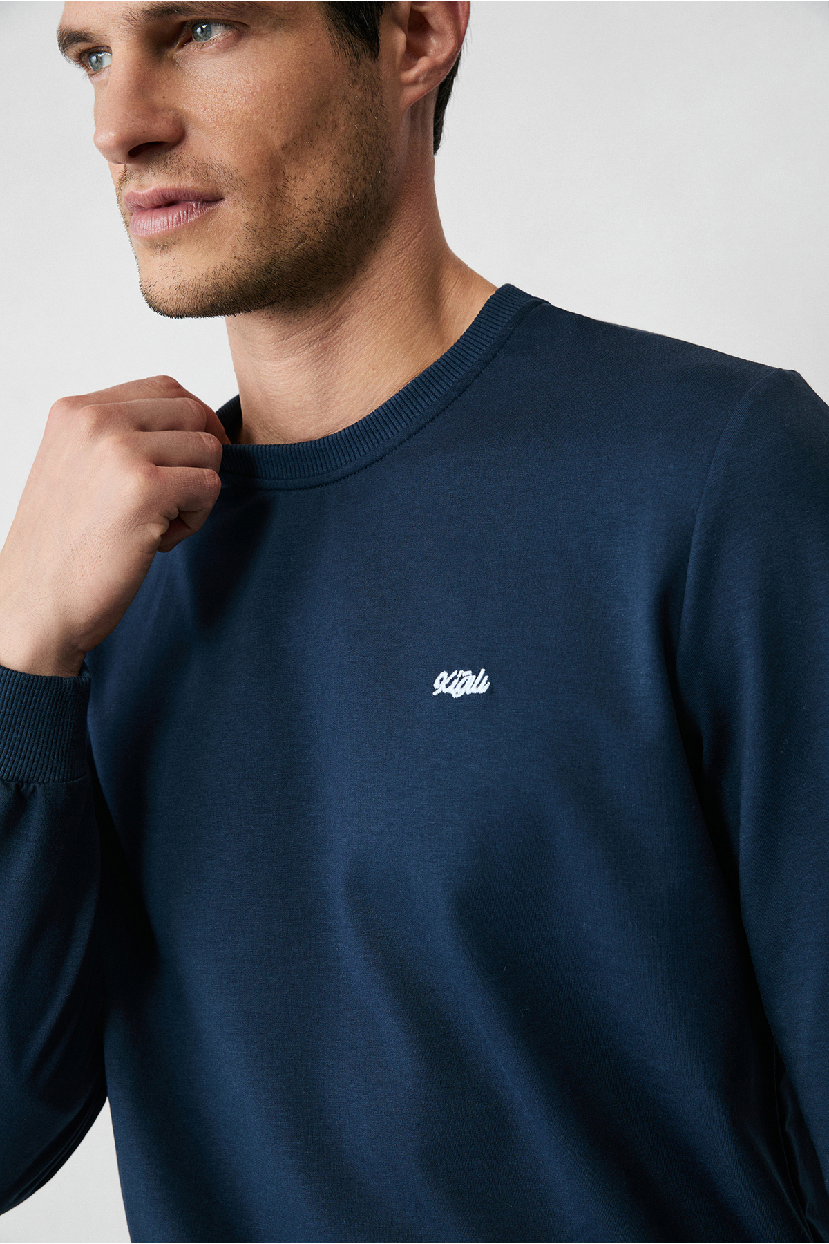 Kiğılı  Bisiklet Yaka Regular Fit Nakışlı Basic Sweatshirt - Görsel 2