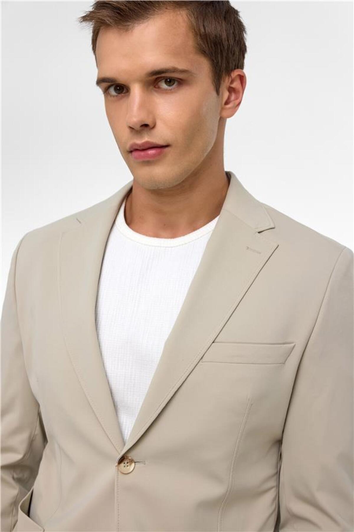 SÜVARİ  Bej Slim Mono Yaka Düz Torba Cep 6 Drop Takım Elbise - Görsel 4