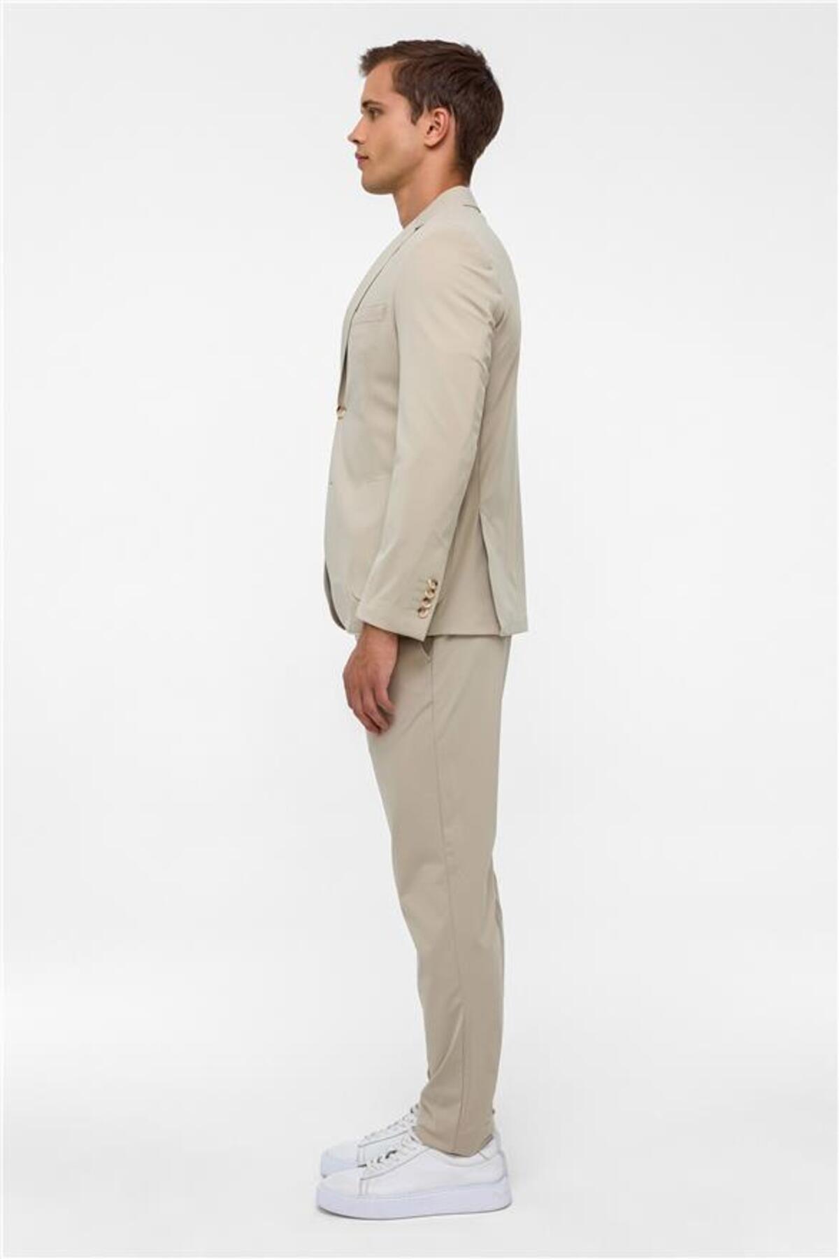 SÜVARİ  Bej Slim Mono Yaka Düz Torba Cep 6 Drop Takım Elbise - Görsel 6