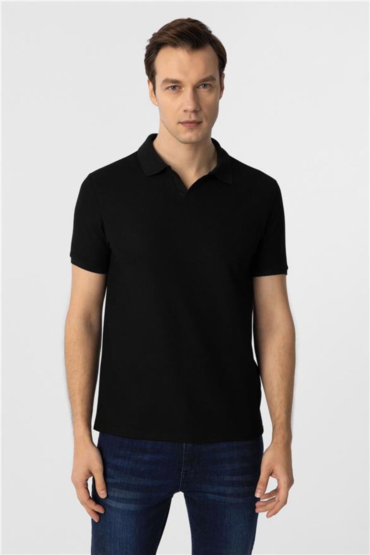 SÜVARİ  Siyah Slim Armürlü Polo Yaka Tişört