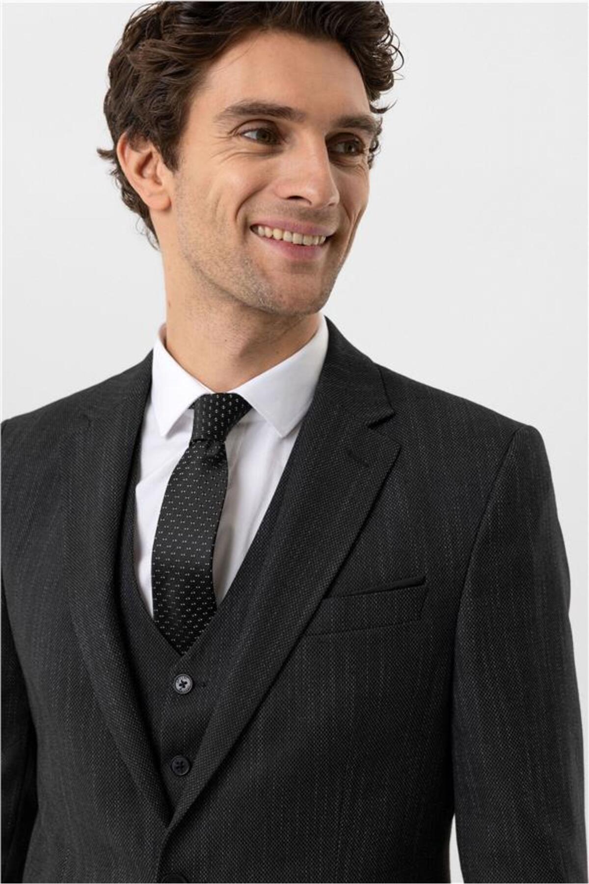 SÜVARİ  Siyah Slim Desenli Mono Yaka 6 Drop Yelekli Takım Elbise - Görsel 6