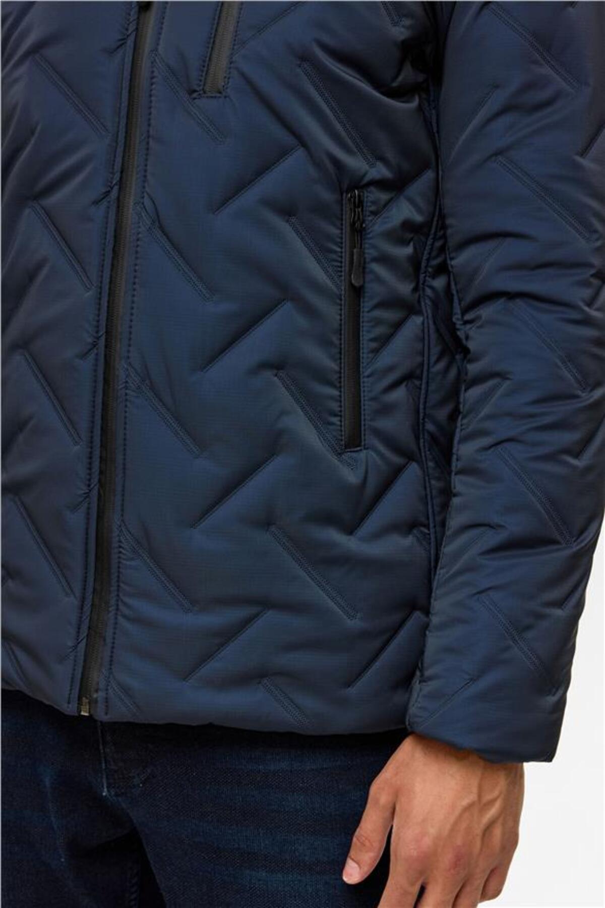 SÜVARİ  Lacivert Slim Dik Yaka Düz Yan Cepli Fermuarlı Kapitone Standart Mont - Görsel 5