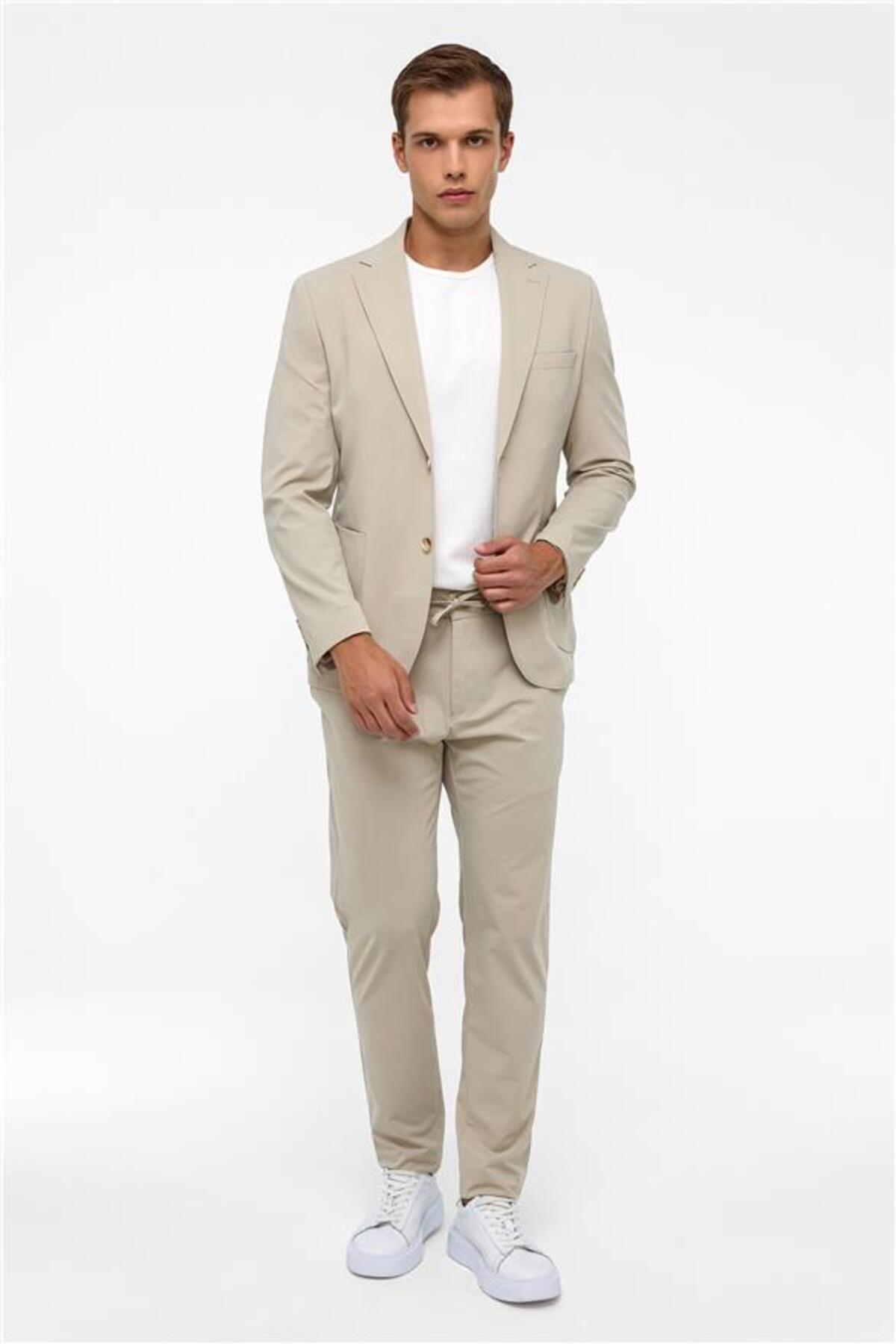 SÜVARİ  Bej Slim Mono Yaka Düz Torba Cep 6 Drop Takım Elbise - Görsel 8