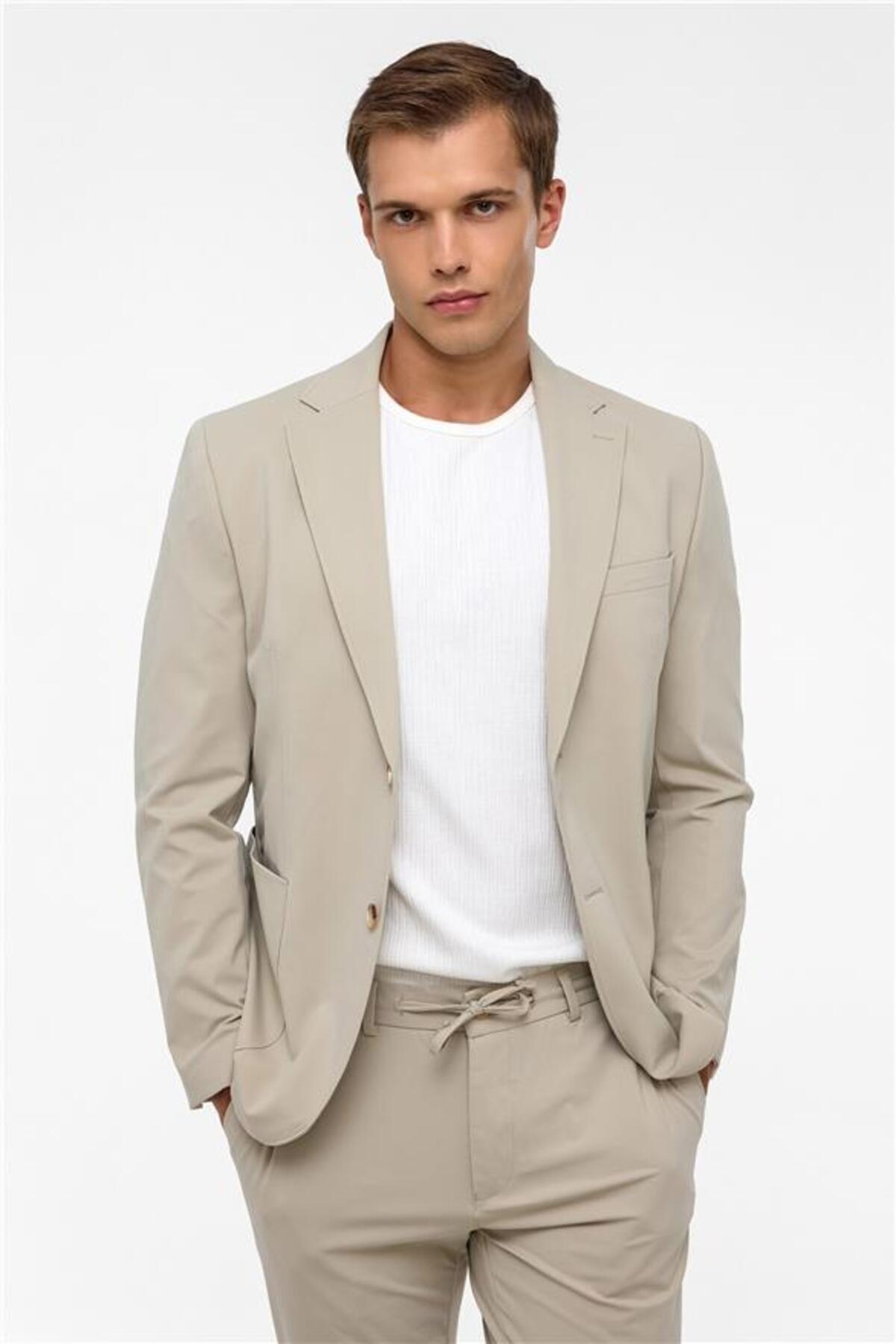 SÜVARİ  Bej Slim Mono Yaka Düz Torba Cep 6 Drop Takım Elbise - Görsel 3