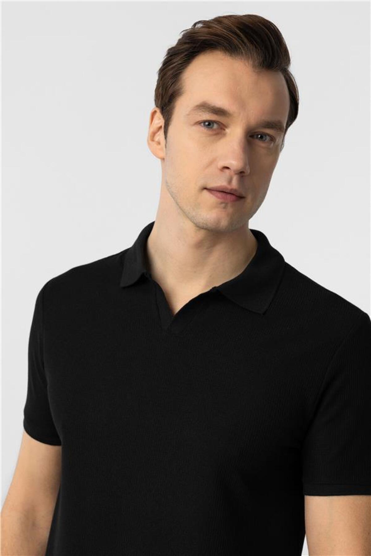 SÜVARİ  Siyah Slim Armürlü Polo Yaka Tişört - Görsel 4